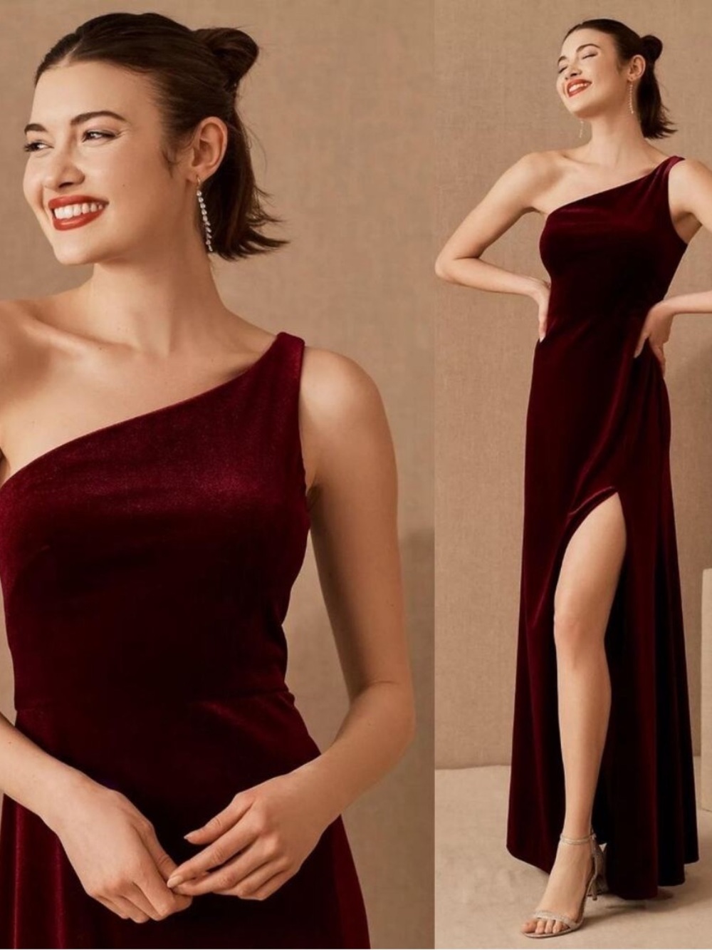 NWT Jenny Yoo Dress Cybill Maxi One Shoulder in Velvet Dark Berry Red